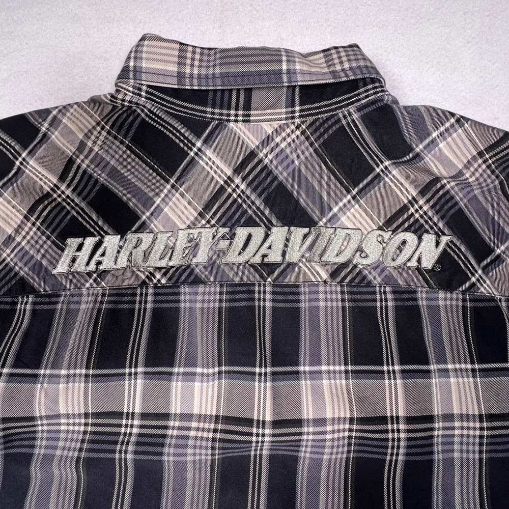 Harley Davidson Mens 2XL Black Gray Plaid Short Sleeve Button Up Shirt Logo
